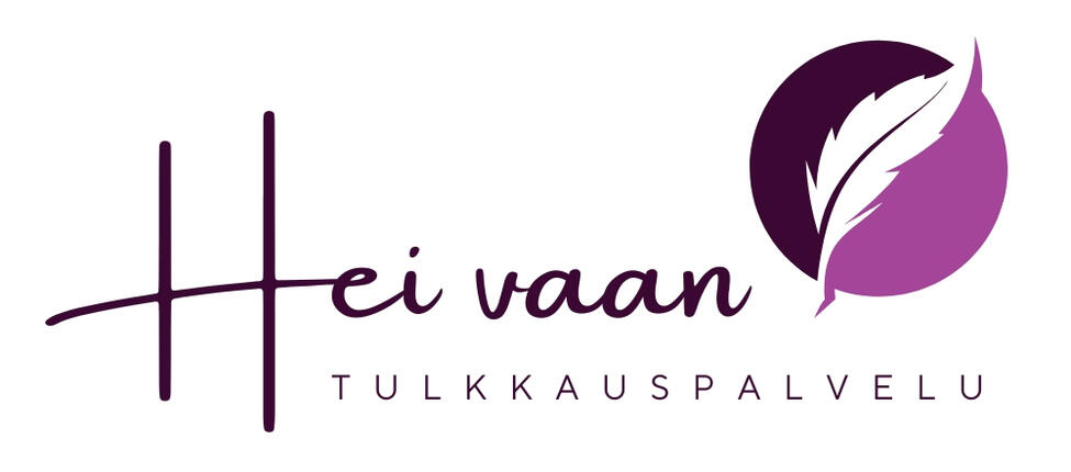 Logo, jossa lukee kaunokirjoituksella Hei vaan ja sen alla tikkukirjaimilla tulkkauspalvelu. Logon kuvana on puhekupla, jossa kaksi eri väristä puolta erottaa höyhen.